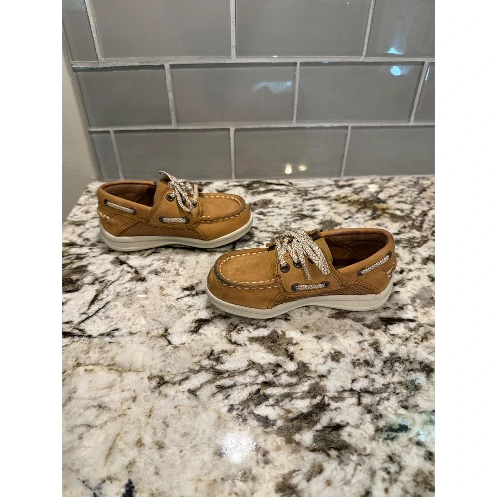 Sperry Top-Sider Kids Tan Leather Mesh Boat Shoes Memory Foam Loafers 7.5
